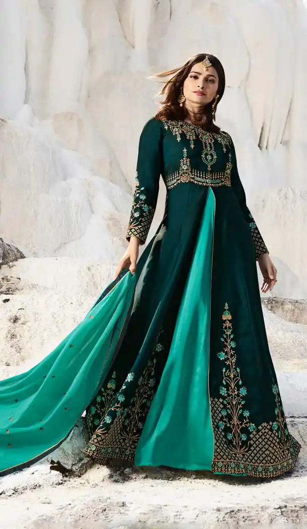 Prachi Desai Tv Actress Teal Blue Color Art Silk Designer Floor Length Salwar Kameez - 59158530