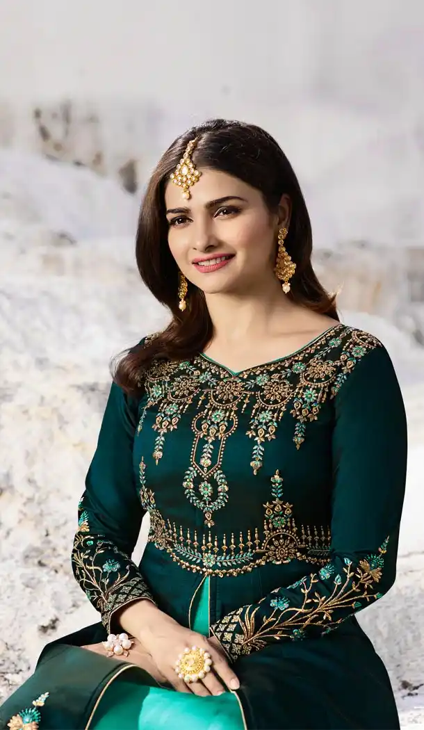 Prachi Desai Tv Actress Teal Blue Color Art Silk Designer Floor Length Salwar Kameez - 59158530