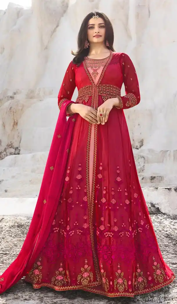 Prachi Desai Tv Actress Dark Pink Color Net Art Silk Designer Floor Length Salwar Kameez - 59158531