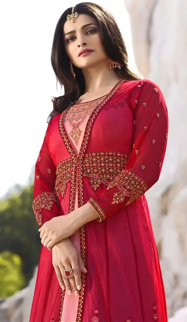 Prachi Desai Tv Actress Dark Pink Color Net Art Silk Designer Floor Length Salwar Kameez - 59158531