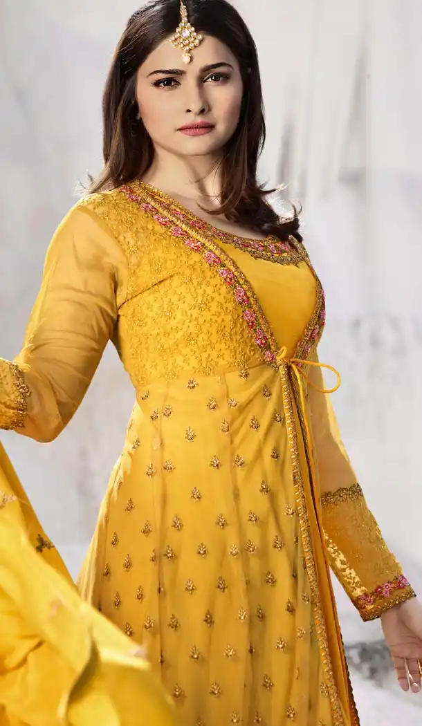 Prachi Desai Tv Actress Yellow Color Net Art Silk Designer Floor Length Salwar Kameez - 59158532