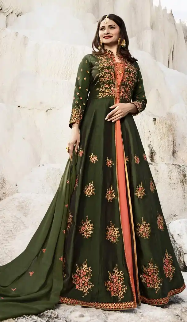 Prachi Desai Tv Actress Dark Olive Green Color Art Silk Designer Floor Length Salwar Kameez - 59158533