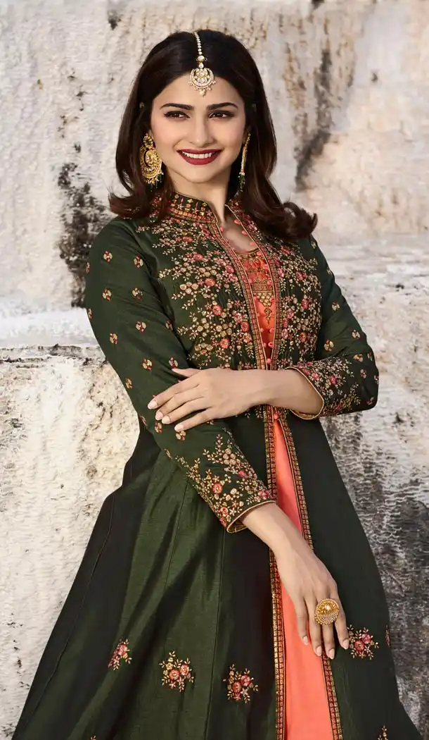Prachi Desai Tv Actress Dark Olive Green Color Art Silk Designer Floor Length Salwar Kameez - 59158533