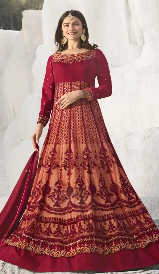 Prachi Desai Tv Actress Maroon Color Net Art Silk Designer Floor Length Salwar Kameez - 59158534