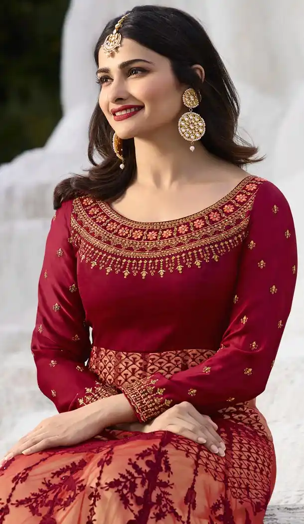 Prachi Desai Tv Actress Maroon Color Net Art Silk Designer Floor Length Salwar Kameez - 59158534