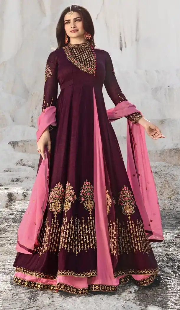 Prachi Desai Tv Actress Wine Color Georgette Art Silk Designer Floor Length Salwar Kameez - 59158536