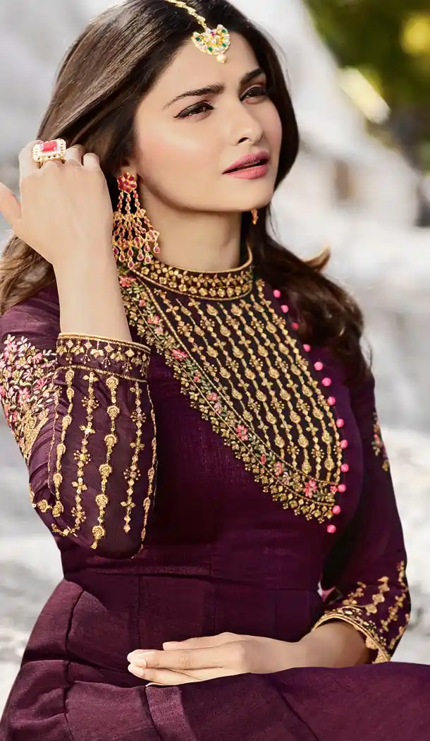 Prachi Desai Tv Actress Wine Color Georgette Art Silk Designer Floor Length Salwar Kameez - 59158536