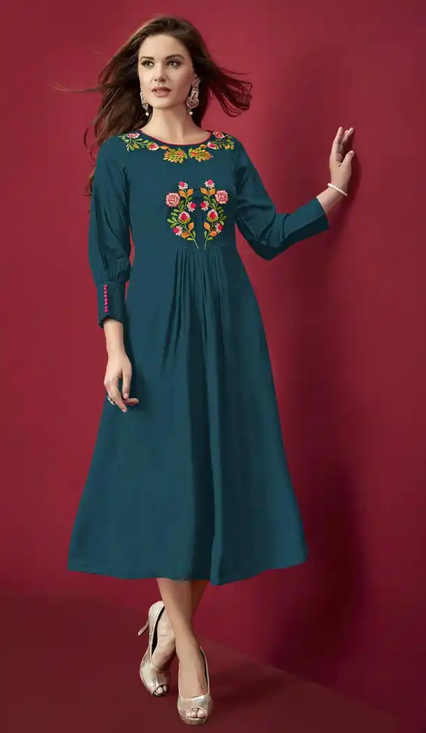 Contemporary Blue Color Rayon Slub Embroidery Party Wear Readymade Kurtis - 59168537