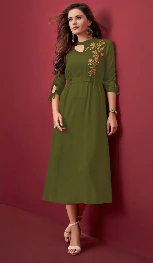 Ethnic Olive Green Color Rayon Slub Embroidery Party Wear Readymade Kurtis - 59168538
