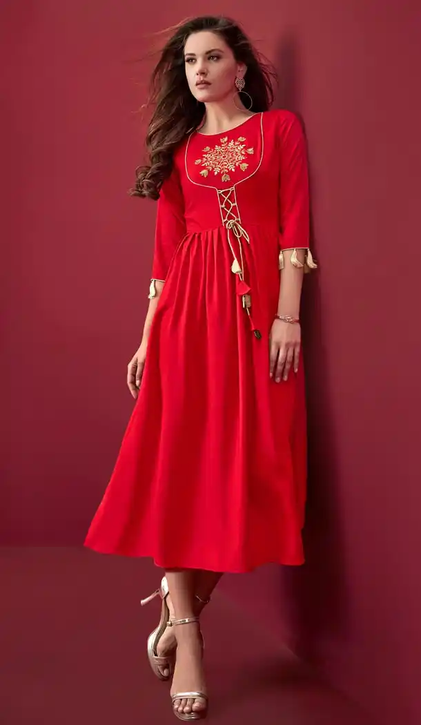 Classy Red Color Rayon Slub Embroidery Party Wear Readymade Kurtis - 59168540