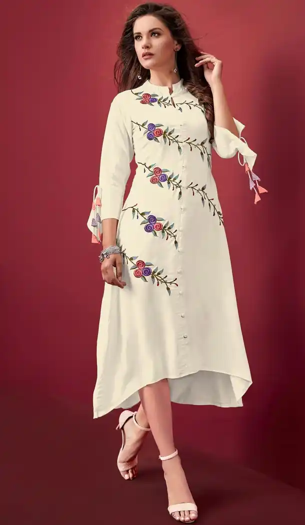 Classy Red Color Rayon Slub Embroidery Party Wear Readymade Kurtis - 59168541