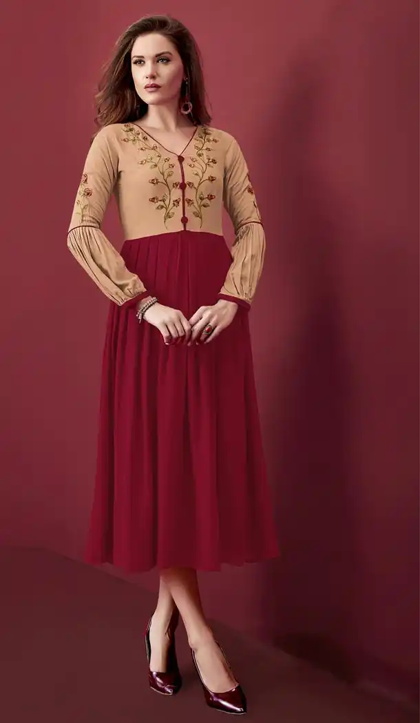Maroon and Beige Color Rayon Slub Embroidery Party Wear Readymade Kurtis - 59168542