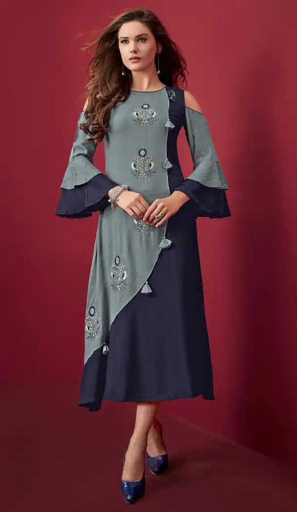 Navy Blue and Light Blue Color Rayon Slub Embroidery Party Wear Readymade Kurtis - 59168544