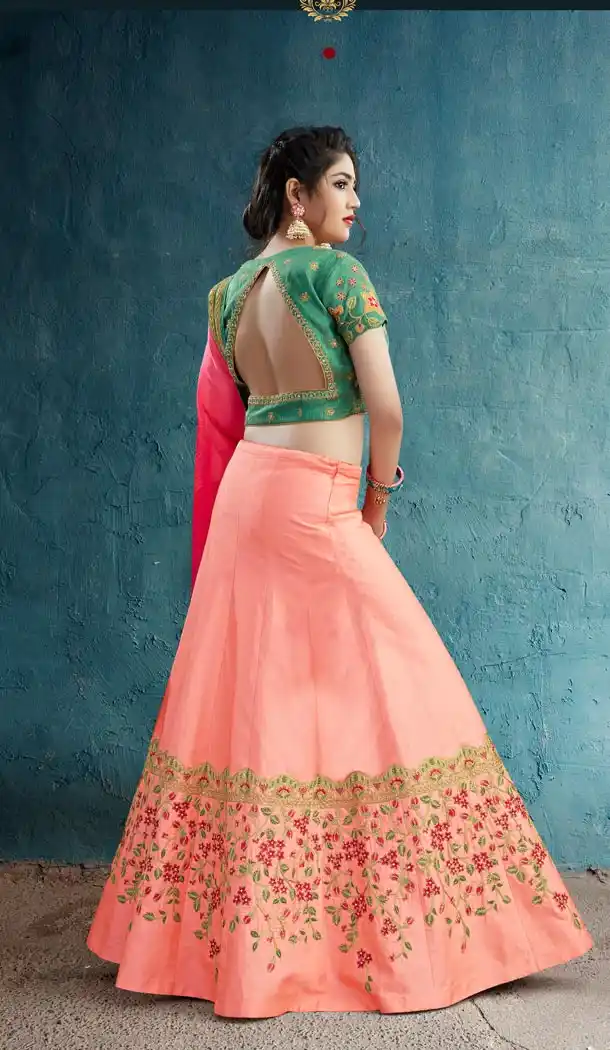 Fancy Peach Color Rayon Silk Designer Wear Girl Lehenga Choli - 56395624