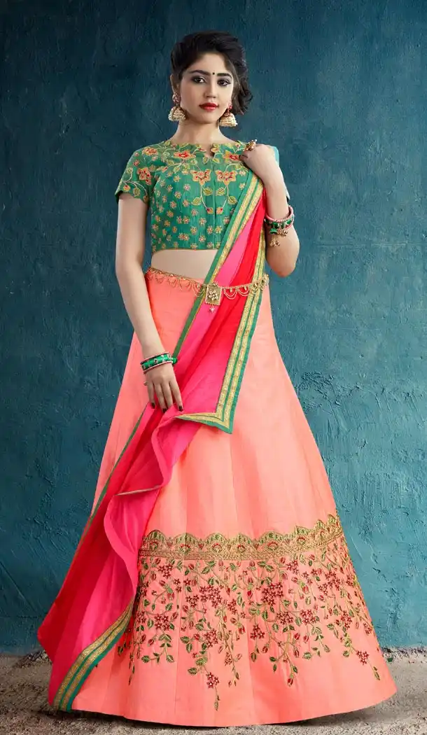 Fancy Peach Color Rayon Silk Designer Wear Girl Lehenga Choli - 56395624