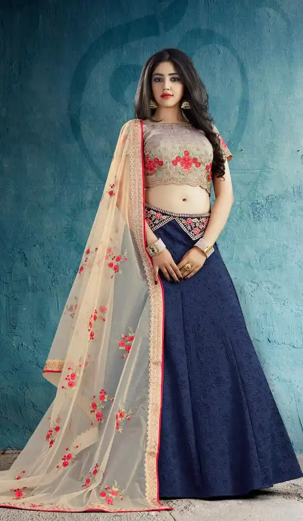 Navy Blue Color Weaved Silk Designer Wear Girl Lehenga Choli - 56395627