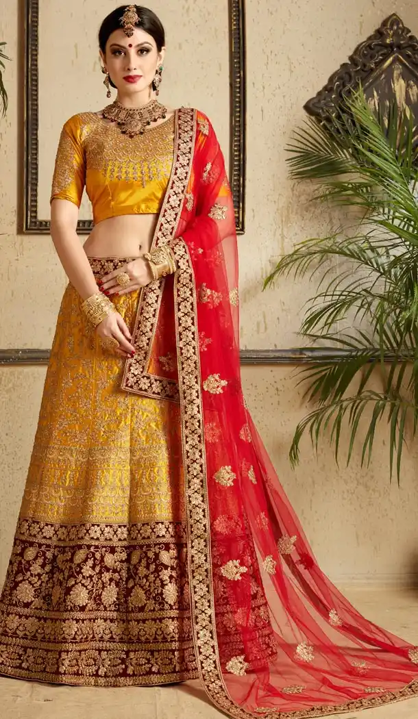 Musturd Yellow Color Satin Designer Ceremony Wear Lehenga Choli For Women - 56876107
