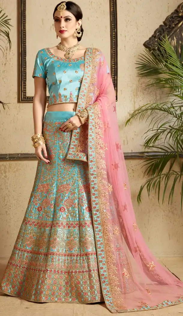 Sky Blue Color Satin Designer Ceremony Wear Lehenga Choli For Women - 56876108