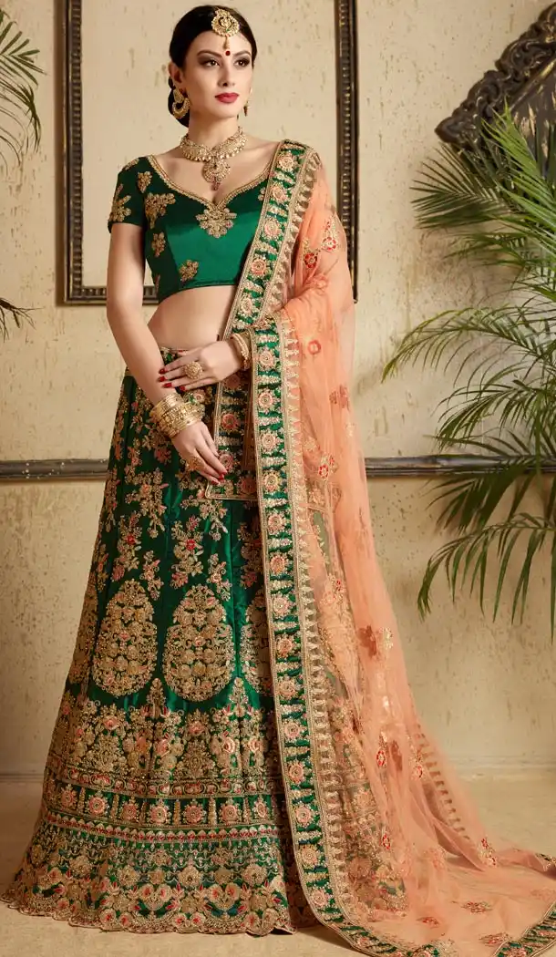 Pine Green Color Satin Designer Ceremony Wear Lehenga Choli For Women - 56876110