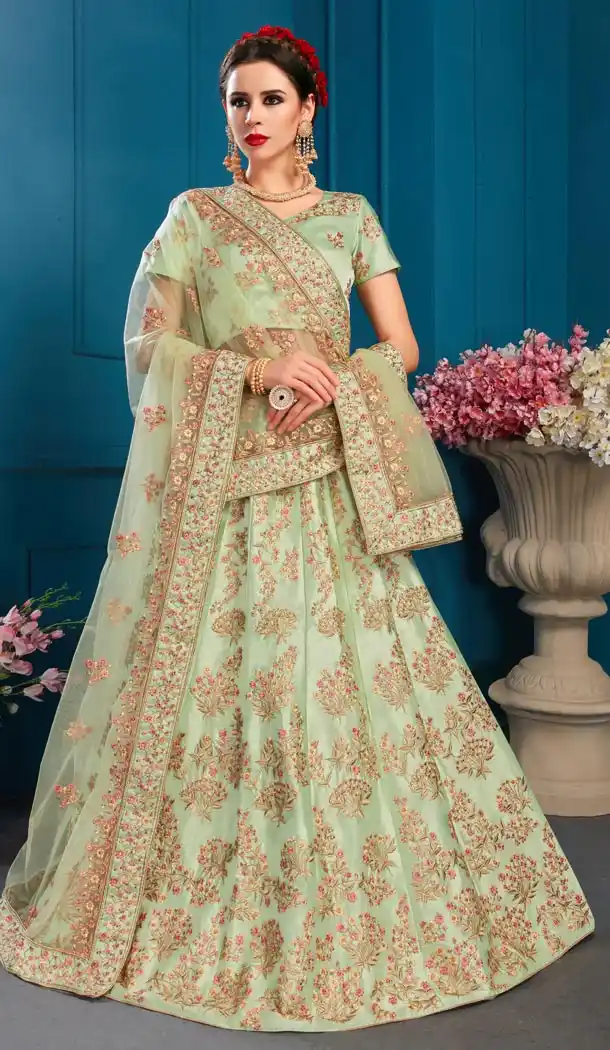 Pastel Green Color Satin Resham Designer Sangeet Wear Lehenga Choli - 59068444