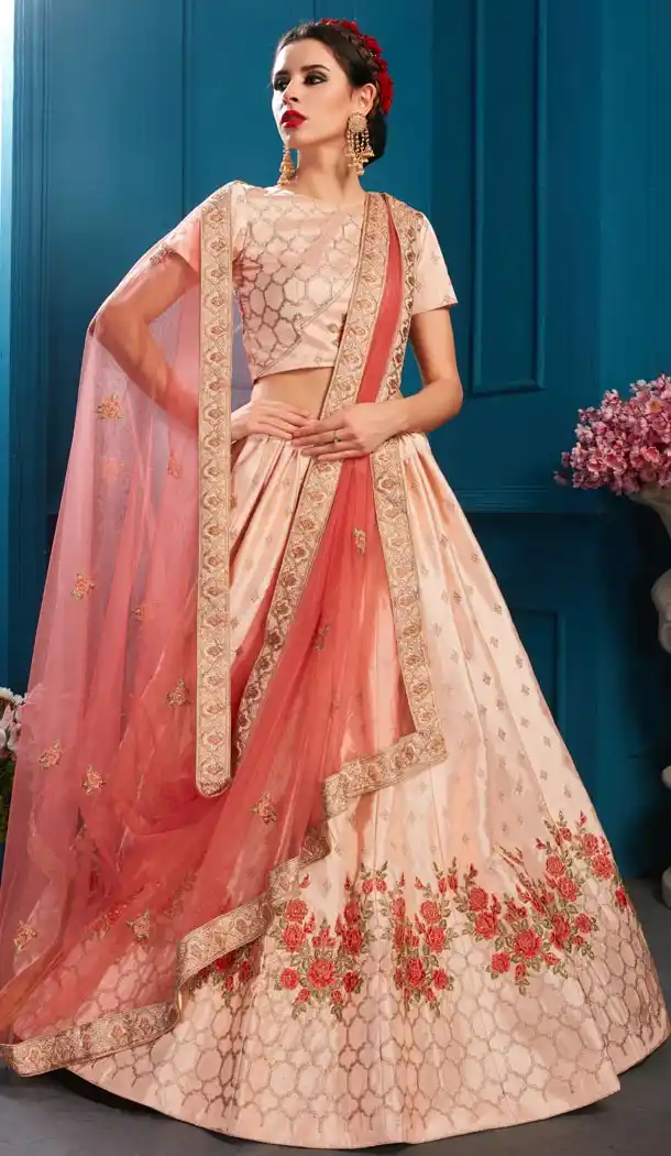 Light Peach Color Satin Resham Designer Sangeet Wear Lehenga Choli - 59068445