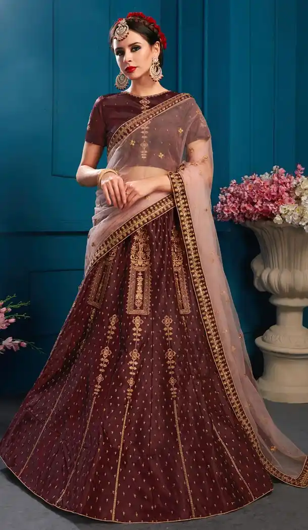 Brown Color Satin Resham Designer Sangeet Wear Lehenga Choli - 59068446