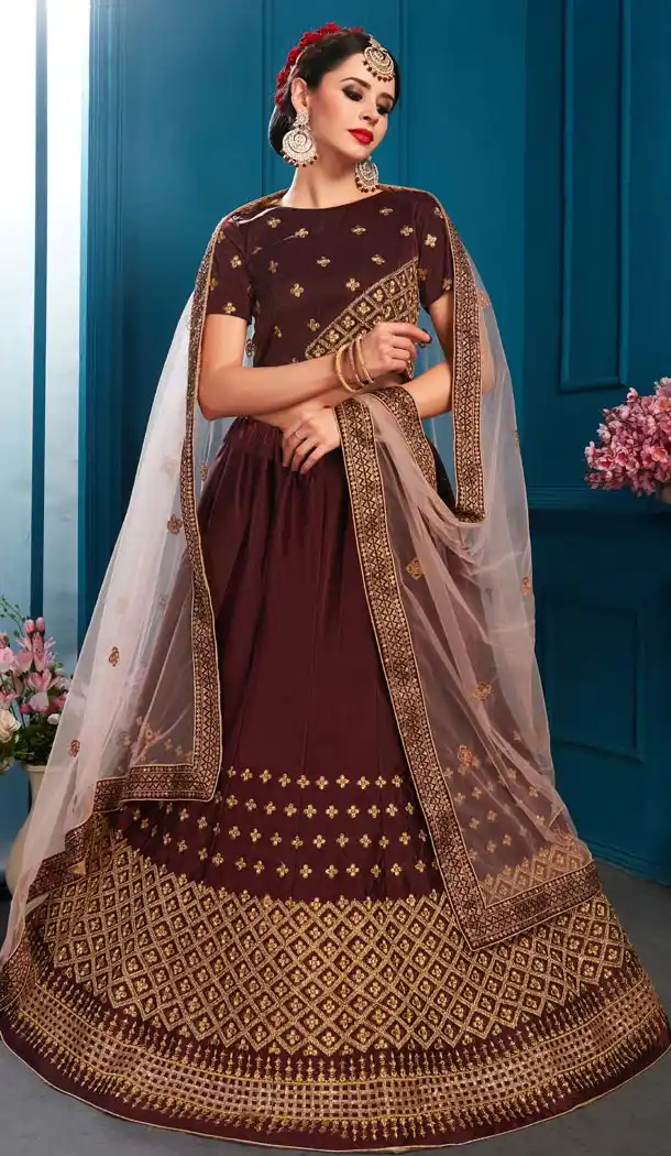 Elegant Brown Color Satin Resham Designer Sangeet Wear Lehenga Choli - 59068447