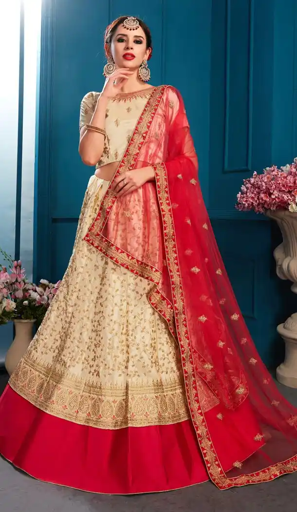 Cream Color Satin Resham Designer Sangeet Wear Lehenga Choli - 59068448