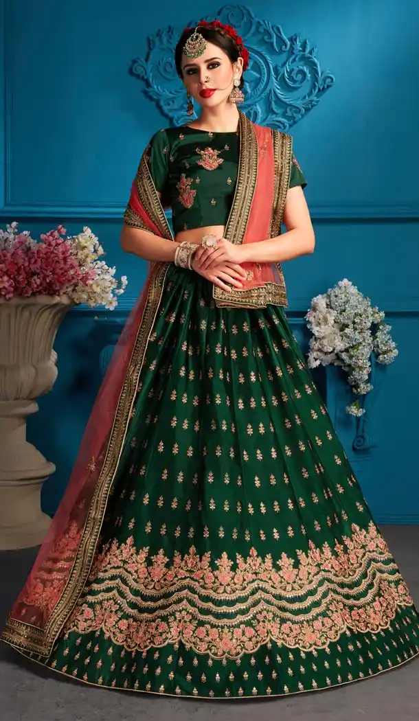 Dark Green Color Satin Resham Designer Sangeet Wear Lehenga Choli - 59068449