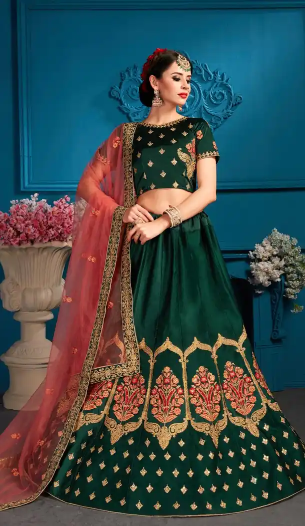Fashion Dark Green Color Satin Resham Designer Sangeet Wear Lehenga Choli - 59068450