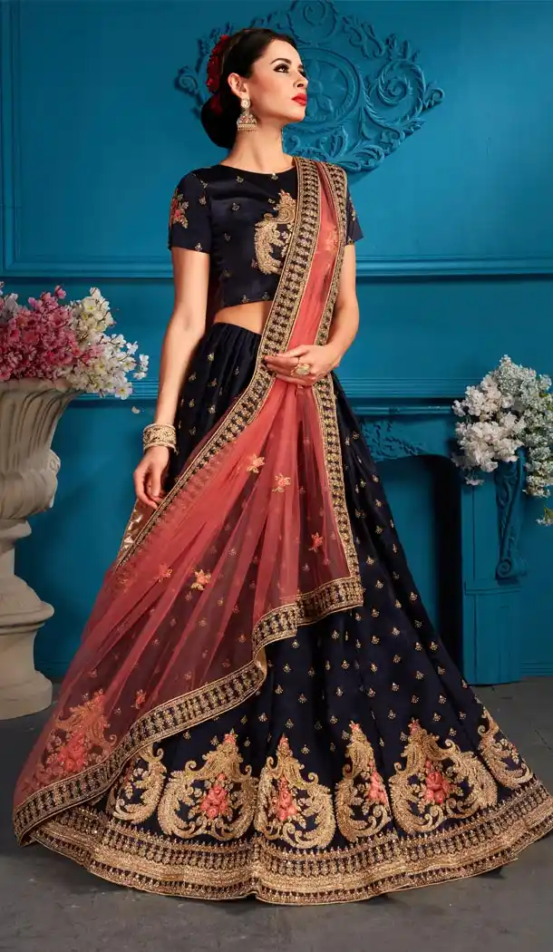 Navy Blue Color Satin Resham Designer Sangeet Wear Lehenga Choli - 59068451
