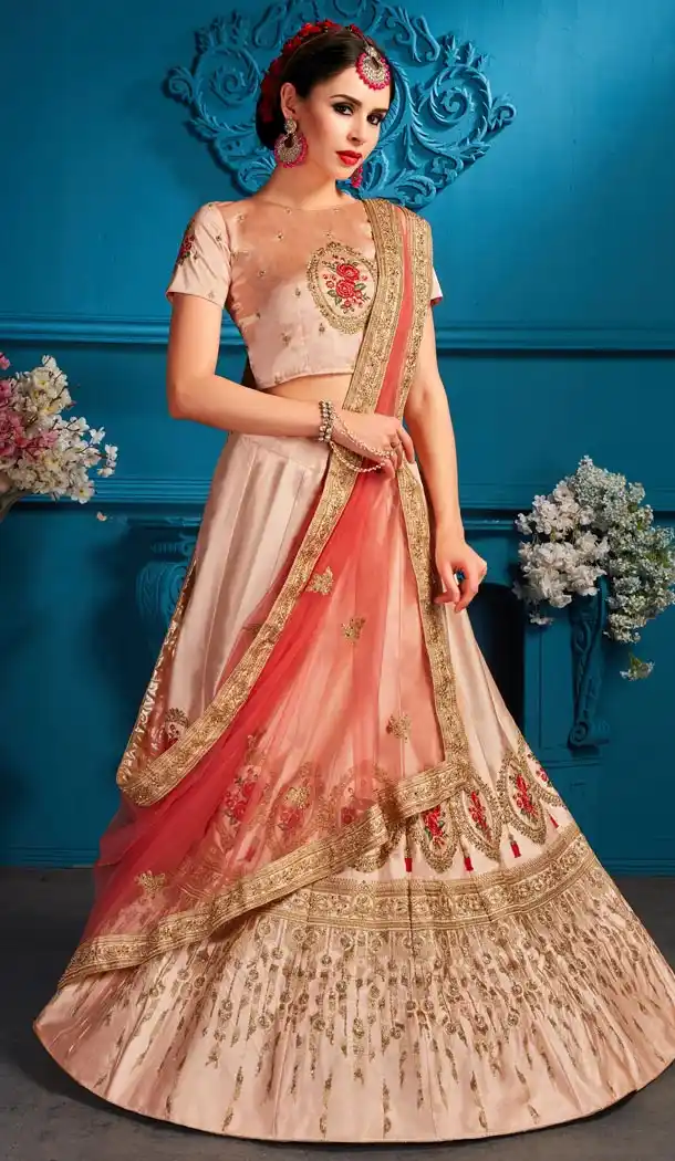 Light Peach Color Satin Resham Designer Sangeet Wear Lehenga Choli - 59068453