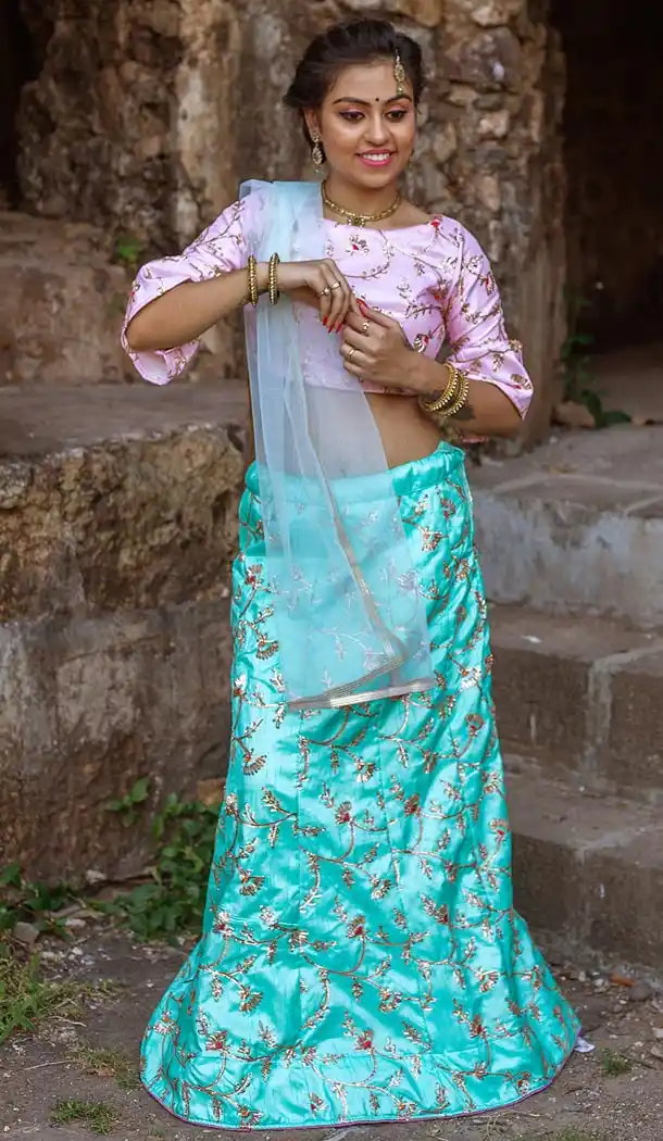 Turquoise Blue Color Art Silk Embroidery Party Wear Teenagers Girl Lehenga Choli - 58287529