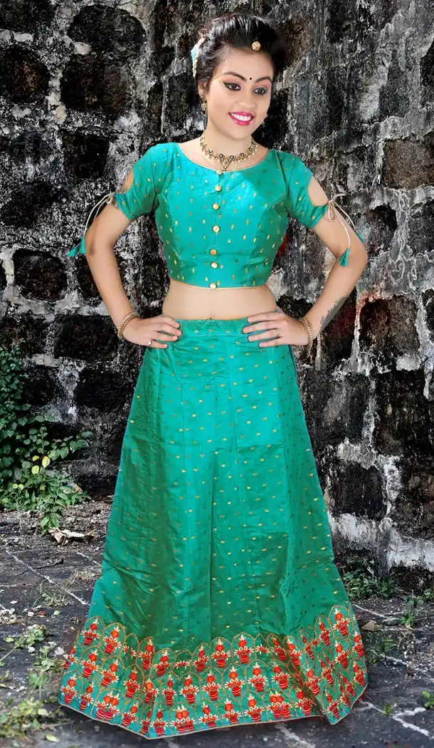 Green Color Jacquard Silk Embroidery Party Wear Teenagers Girl Lehenga Choli - 58287531