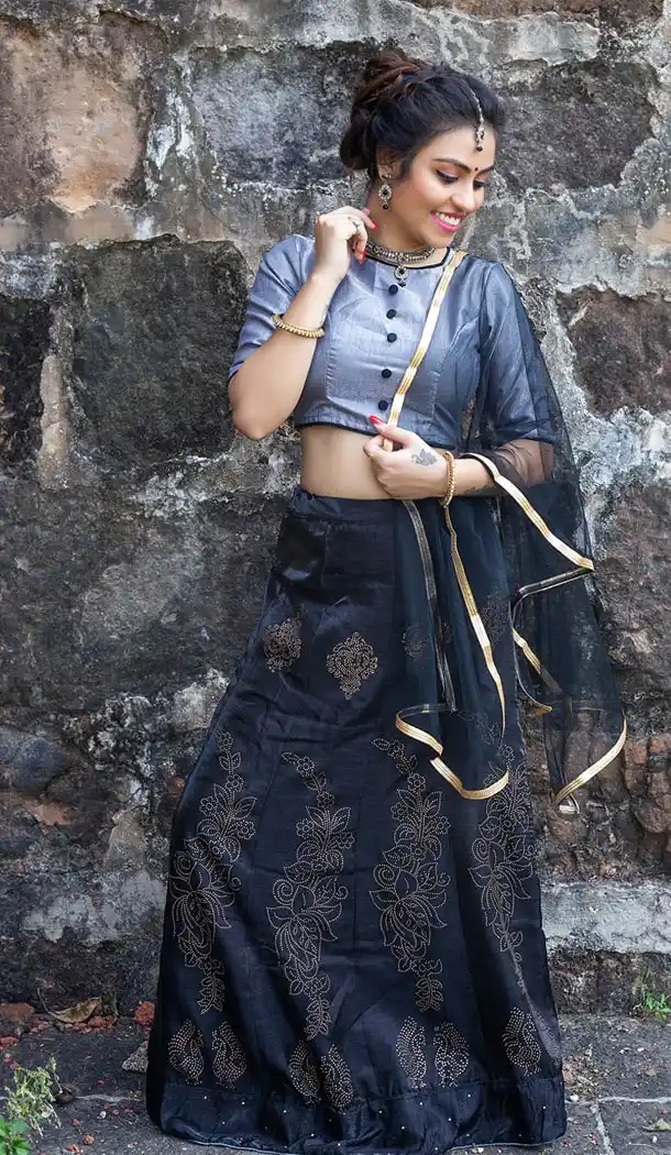Navy Blue Color Satin Silk Embroidery Party Wear Teenagers Girl Lehenga Choli - 58287534