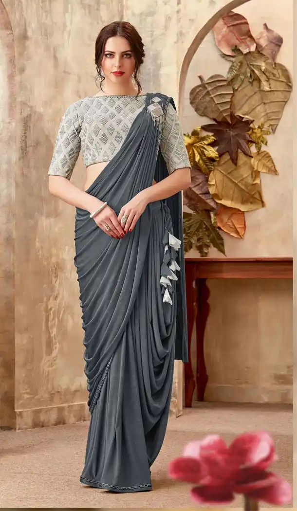 Dark Grey Color Lycra Lehenga Style Party Wear Saree Blouse - 59298662