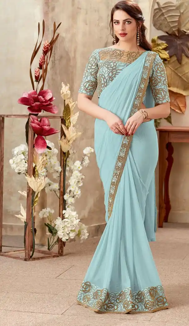 Aqua Blue Color Lycra Lehenga Style Party Wear Saree Blouse - 59298663