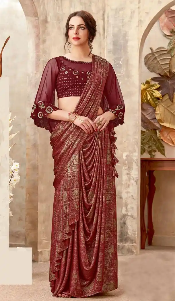 Maroon Color Lycra Lehenga Style Party Wear Saree Blouse - 59298667