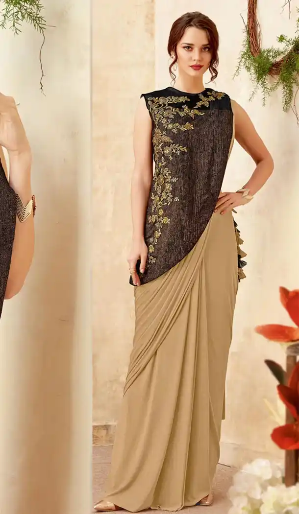 Cream Color Lycra Lehenga Style Party Wear Saree Blouse - 59298670