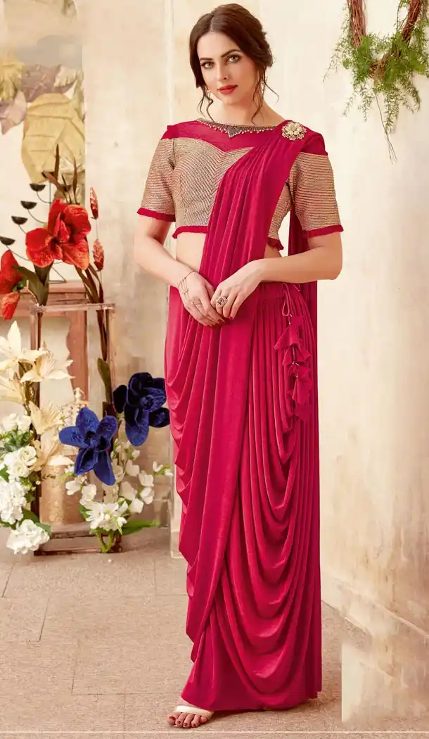Dark Pink Color Lycra Lehenga Style Party Wear Saree Blouse - 59298671
