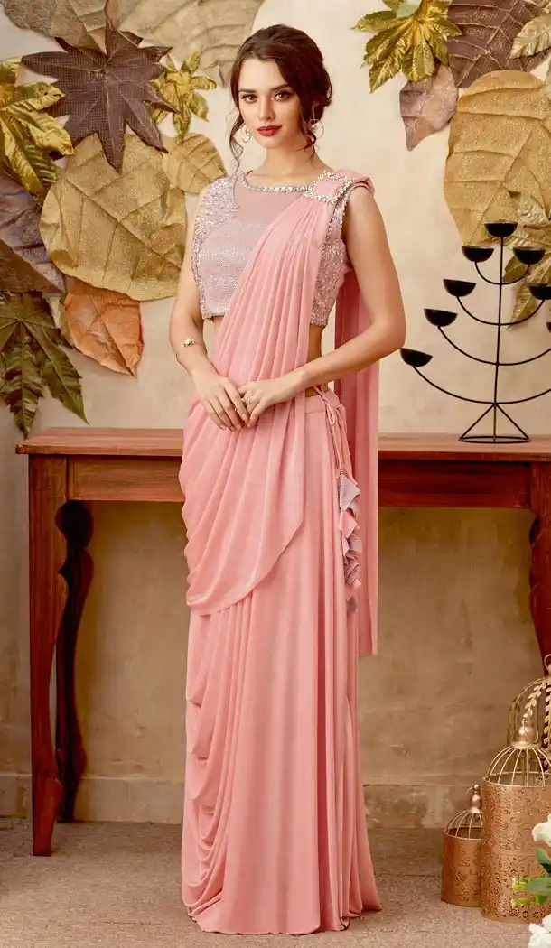 Baby Pink Color Lycra Lehenga Style Party Wear Saree Blouse - 59298674