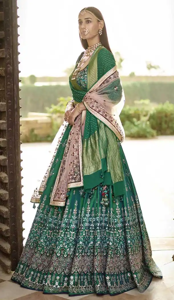 Indian Newly Bride Designer Wear Green Color Silk Lehenga Choli For Women - 391947203