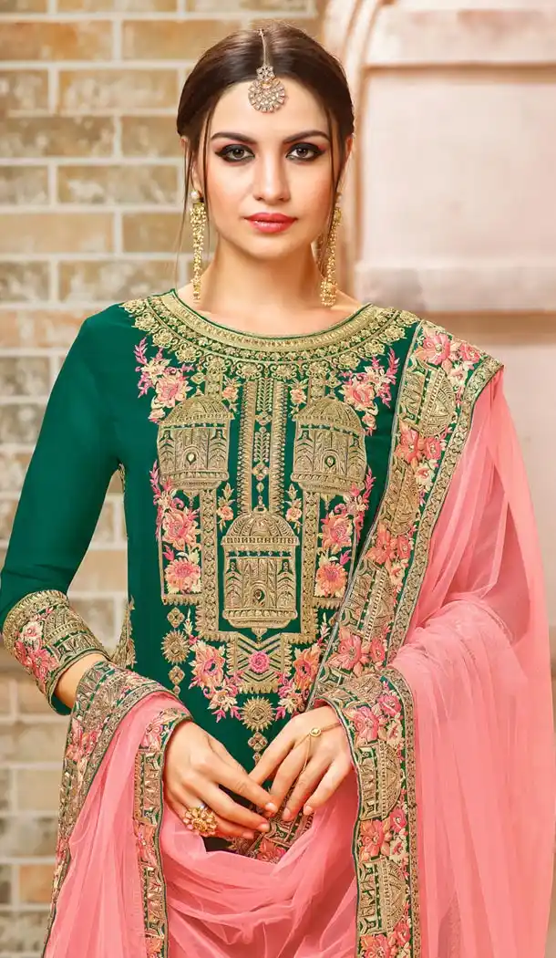 Forest Green Color Faux Georgette Straight Cut Sharara Suit - 404248804