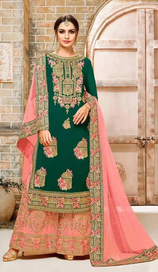 Forest Green Color Faux Georgette Straight Cut Sharara Suit - 404248804