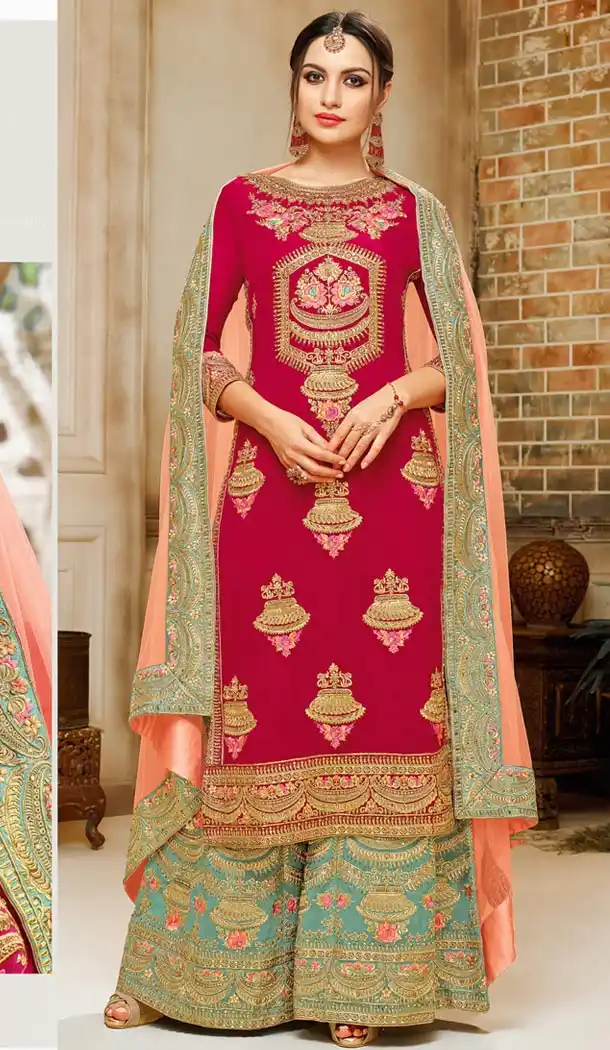 Trendy Red Color Faux Georgette Straight Cut Sharara Suit - 404248807