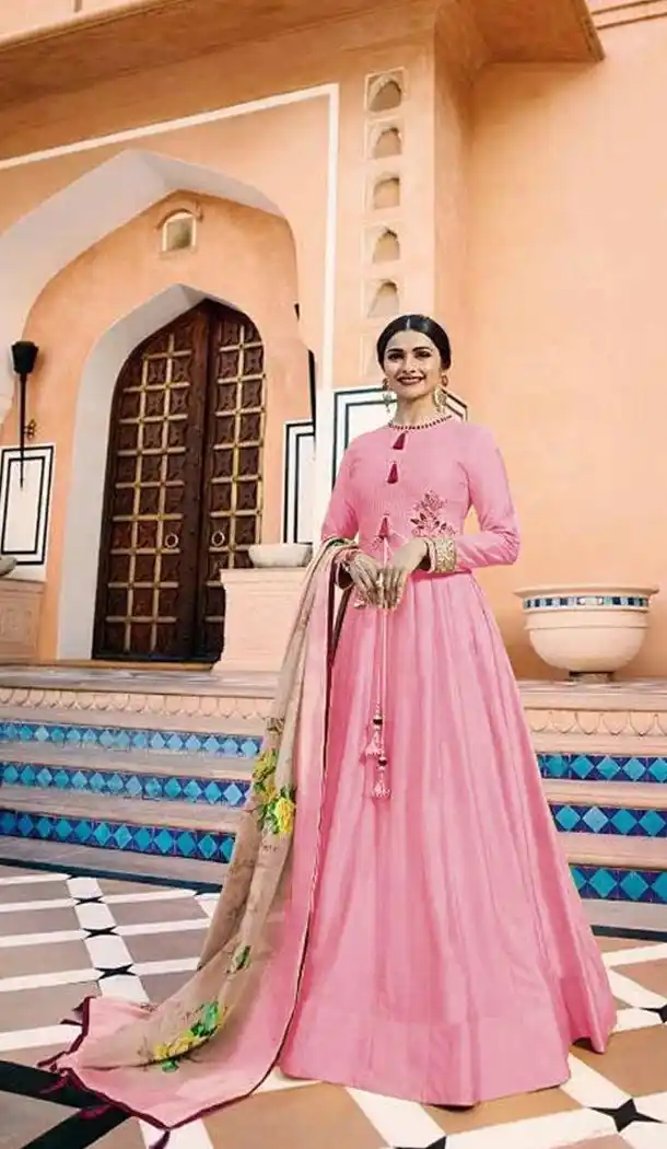 Tv Actress Prachi Desai Pink Color Heavy Sana Silk Long Anarkali Salwar Kameez - 3192770