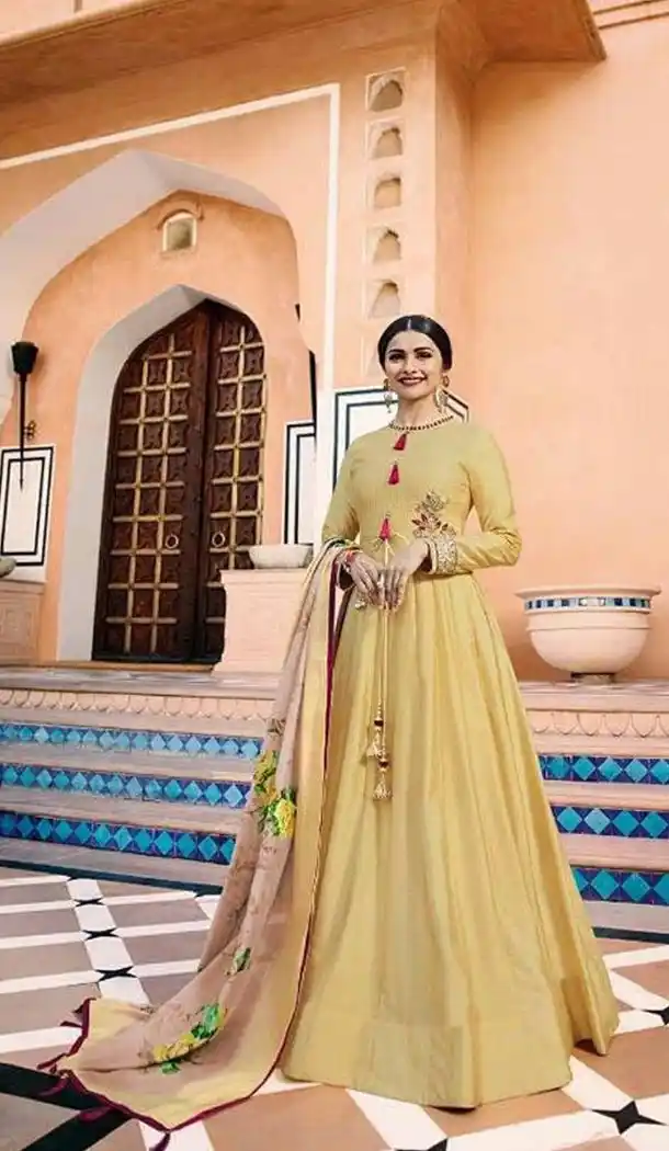 Tv Actress Prachi Desai Yellow Color Heavy Sana Silk Long Anarkali Salwar Kameez - 3192773