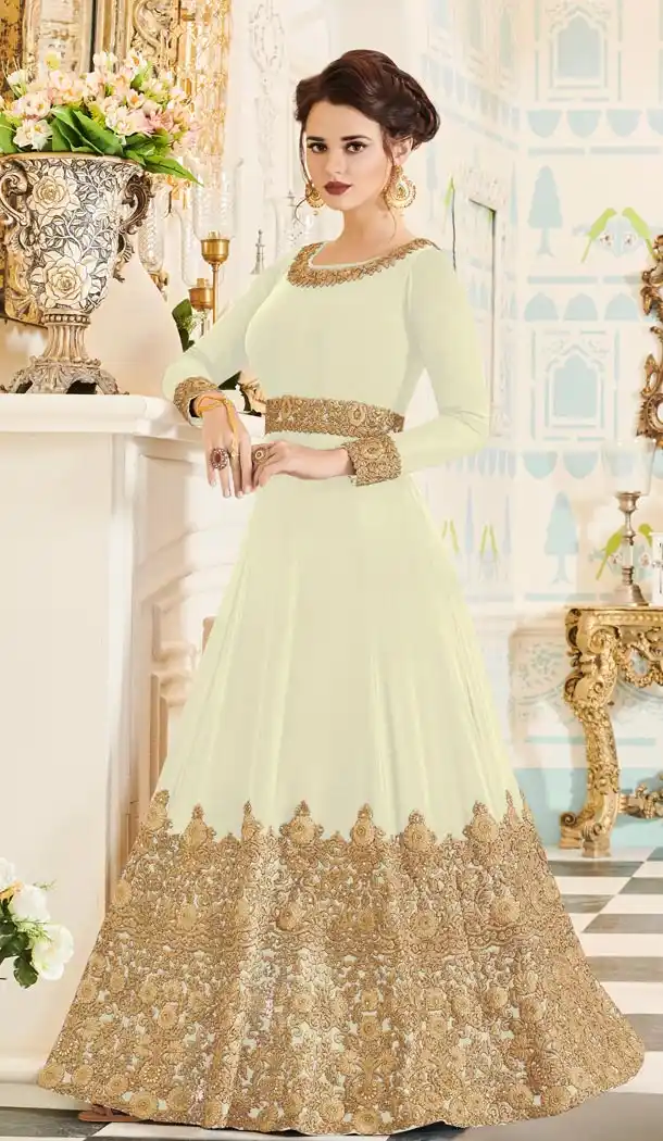 White Color Georgette Floor Length Abaya Style Anarkali Salwar Kameez - 3322887