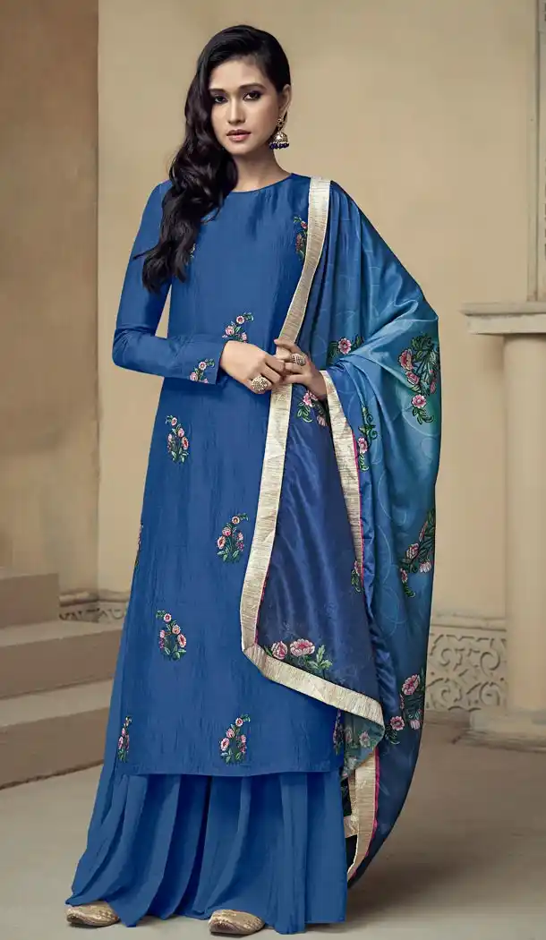 Blue Color Upada Silk Pakistani Style Party Wear Palazzo Suit - 3372935