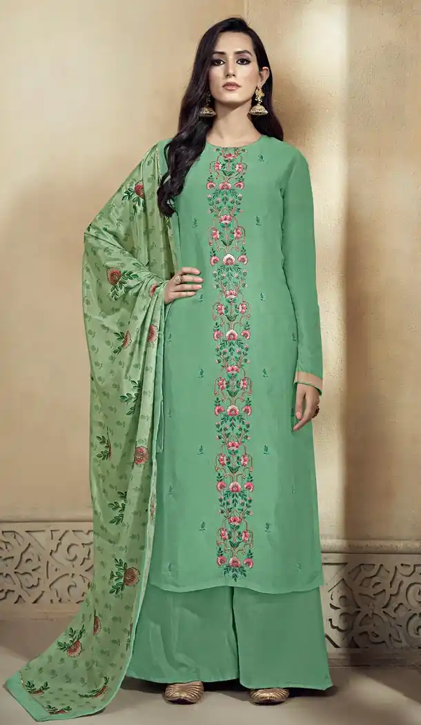 Pista Color Upada Silk Pakistani Style Party Wear Palazzo Suit - 3372936
